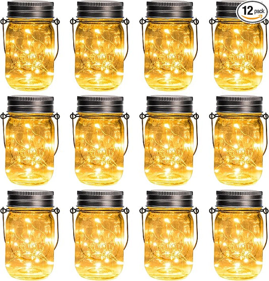 GIGALUMI Solar Mason Jar Lights, 12 Pack 30 Led String Fairy Lights Garden Lights Outdoor Waterproof Hanging Solar Lanterns for Outdoor, Garden, Patio, Lawn, Balcony Decoration