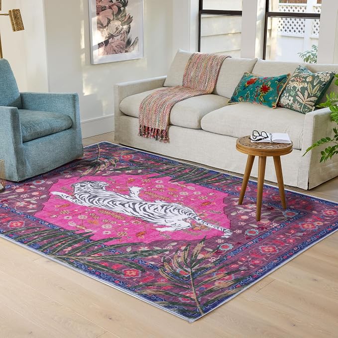 4x6 FT Leopard Rug for Living Room Hot Pink Leopard Vintage Animal Rug Aesthetic Pink Rugs for Girls Room Nursery Bedroom Home Office Dorm Thin Bright Magenta Carpet (Hot Pink, 4X6 FT)