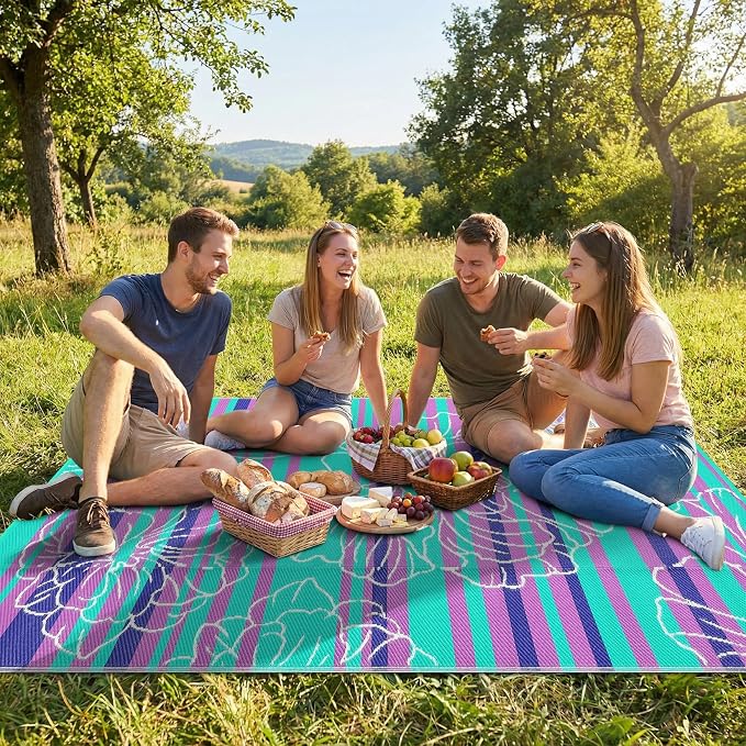 Garvee 6x9 Outdoor Waterproof Rug, Floral Outdoor Area Rug，Reversible Plastic Straw Patio Rug, Portable Camping Mat for RV, Picnic, Beach, Balcony, Garden & Camping Purple&Blue