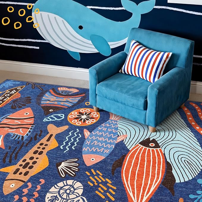 jinchan 5x7 Coastal Area Rug Kids Washable Fun Rug Colorful Ocean Fish Indoor Floor Cover Non Slip Lightweight Soft Cozy Carpet for Bedroom Nursery Playroom Daycare Living Room, Blue