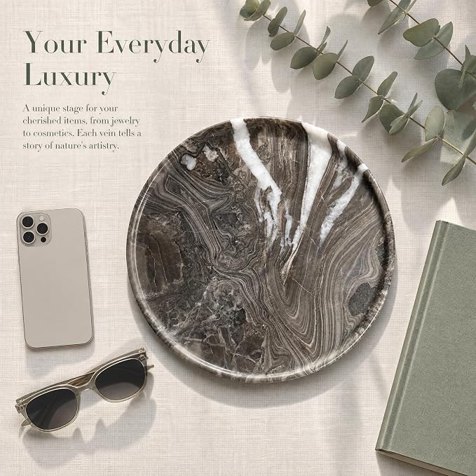 Real Natural Marble Round Tray 10.2in Solid Stone Decorative Plate | Luxury Brown Marble Decor Tray for Candle, Jewelry, Plant. Food-Safe Solid Stone Serving Dish with Unique Veining