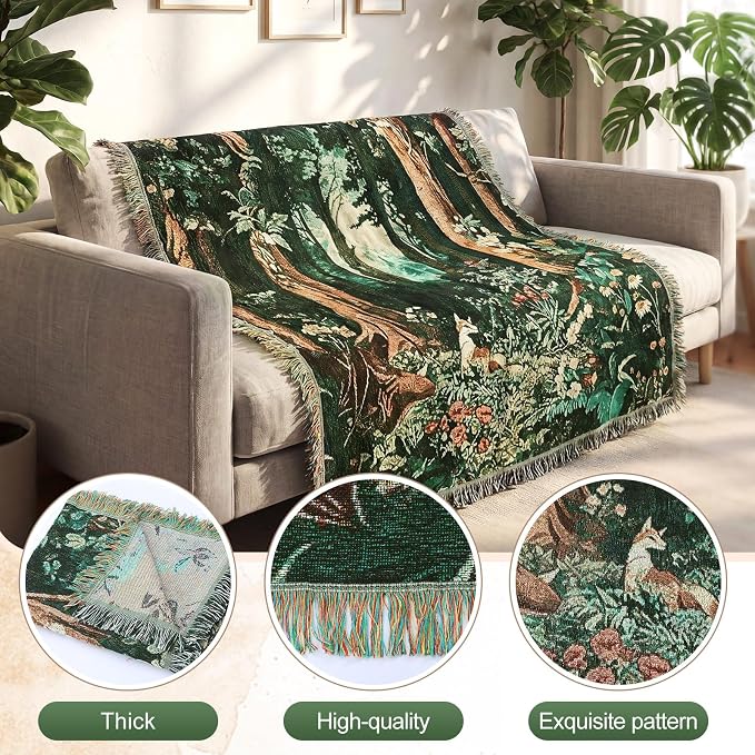 Moukeren 60 x 50 Inch Forest Woven Tapestry Blanket with Colorful Tassels Nature Tapestry, Woodland Cozy Throw for Couch Sofa Chair, Wall Hanging Home Decor Gift