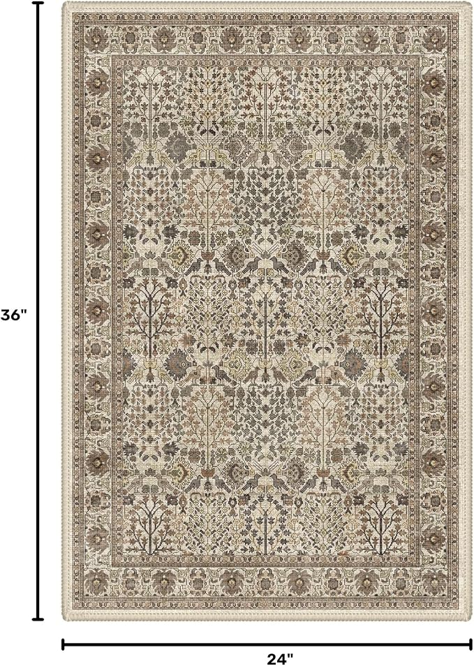 2x3 Washable Rug, Non Slip Entryway Mat, Dark Espresso | Vintage Floral Design, Spill Resistant Lightweight Low Pile Carpet for Kitchen, Hallway, Front Door, Bathroom