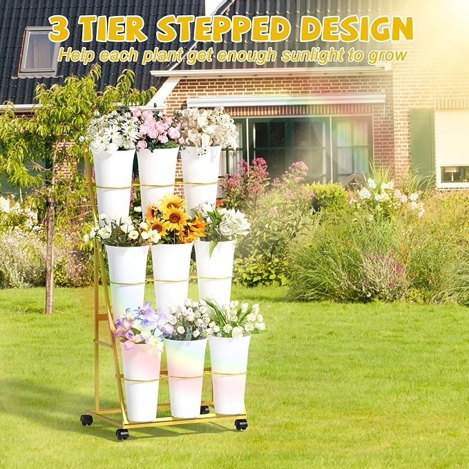 Invech Flower Display Stand with 9 Buckets, 3 Tier Flower Cart Display Stand and Wheels for Indoor Outdoor Garden, Wedding, Flower Shop (Gold)