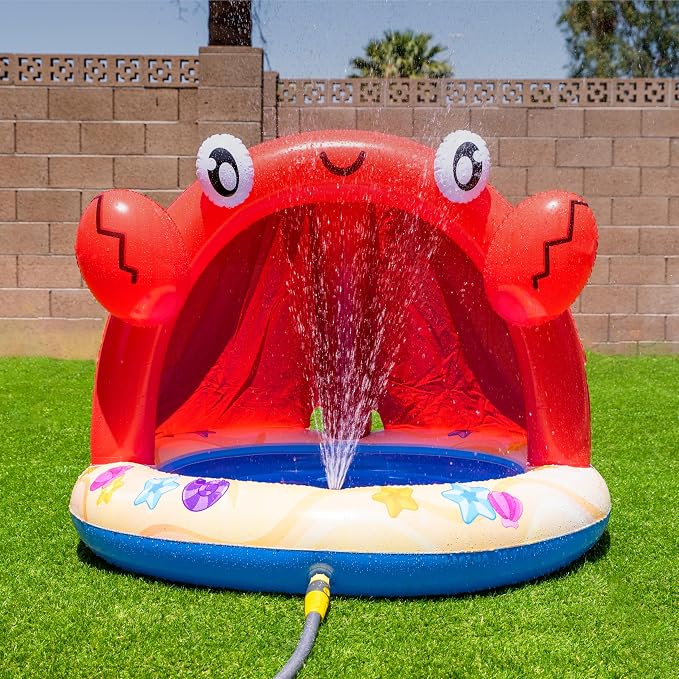 Sloosh Baby Pool Toddler Sprinkler, Crab Splash Pool with Canopy, Baby Wading Pool Inflatable Sprinkler for Learning, Children’s Water Pool Toys, Inflatable Kiddie Pool for Outdoor Summer Water