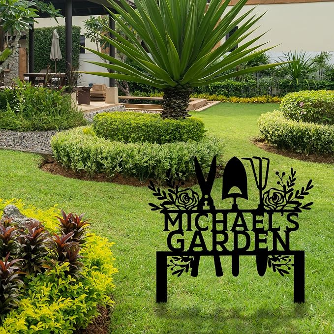 Custom Metal Garden Tools Sign with Stakes, Personalized Garden Name Sign, Yard Art, Patio Decorations, New Home Gift, Garden Decorative, Gardening Tools Sign for Outdoor, Large Housewarming Gift