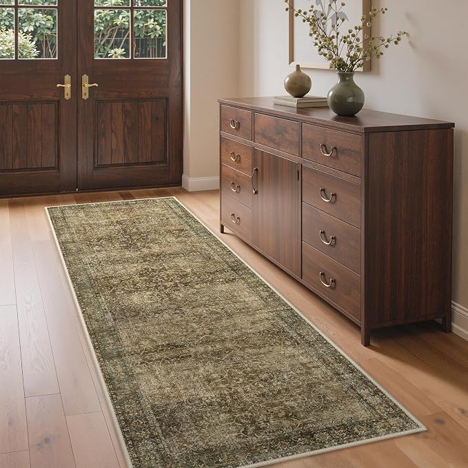 2'6" x 8' Kitchen Runner Rug, Washable Non Slip, Brown Olive | Vintage Floral Design, Spill Resistant Lightweight Low Pile Carpet for Hallway, Bedroom, Laundry Room, Bathroom