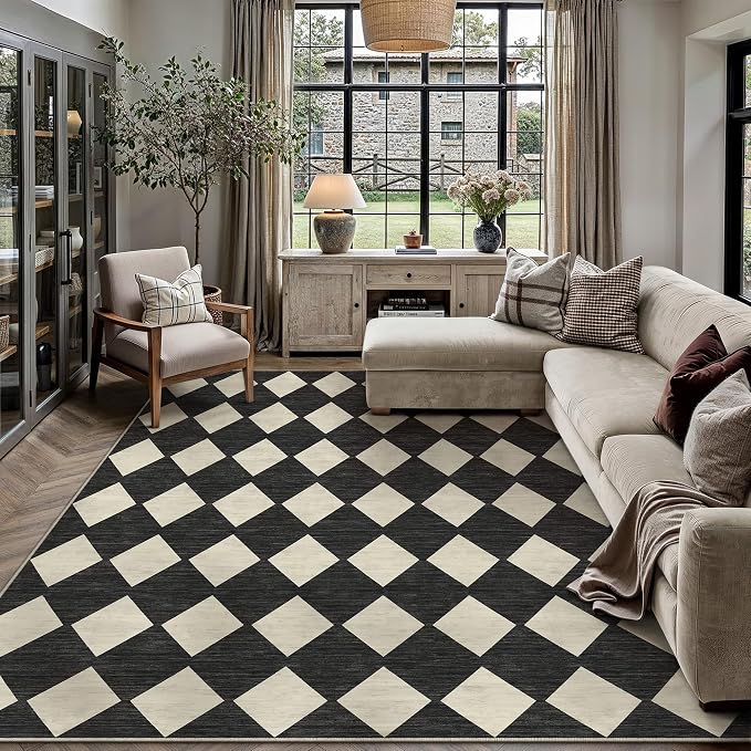 Black 10x12 Washable Area Rug Large Non Slip Checkered Carpet | Soft, Low Pile, Easy Clean, Diamond Pattern, for Living Room, Bedroom, Office, Dining Room, Kids Room, Modern Indoor Decor
