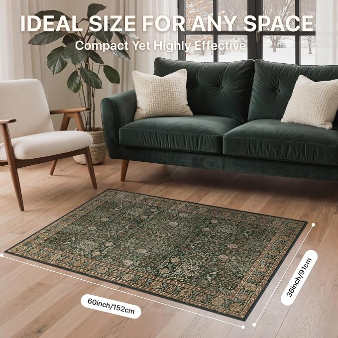 3x5 Washable Area Rug for Living Room, Dark Green Brown | Vintage Distressed Floral, Spill Resistant, Lightweight Low Pile Non-Shedding Carpet for Bedroom, Dining Room and Office