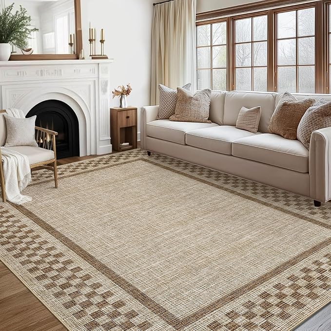 GarveeHome Washable Area Rug 4x6 Small Living Room Bedroom Checkered Rugs | Modern Bordered Soft Dining Room Throw Carpet Low Pile Non Slip Geometric Carpet for Nursery Kitchen Home Office, Taupe