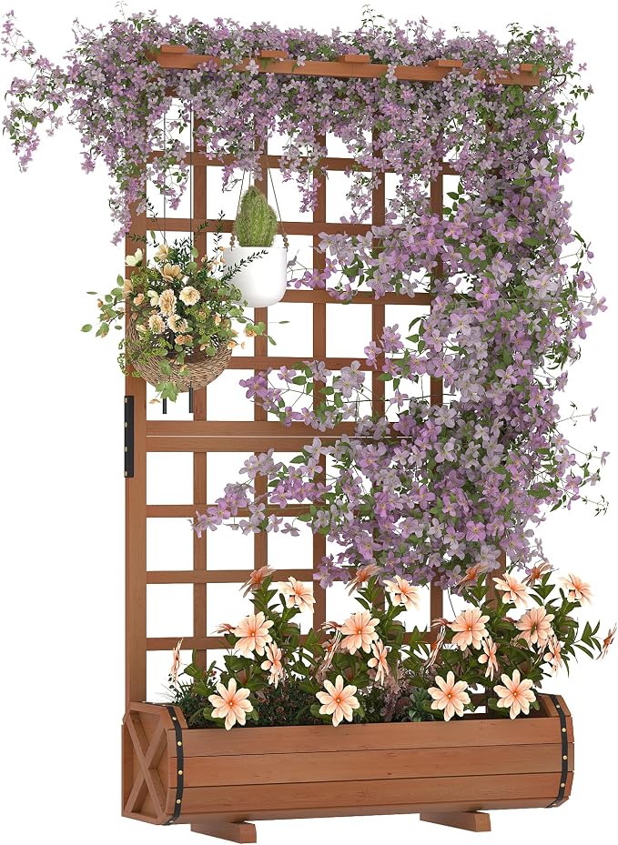 GarveeLife 67" h Raised Garden Bed with Trellis & Roof - Wooden Planter Box with Drainage, Freestanding Outdoor Garden Box for Climbing Vines, Vegetables, Flowers - Perfect for Yard, Patio, Balcony