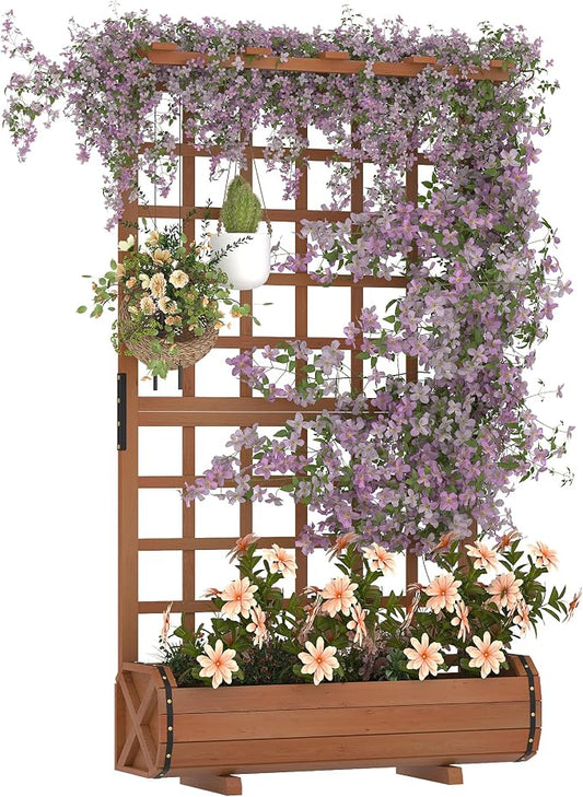 GarveeLife 67" h Raised Garden Bed with Trellis & Roof - Wooden Planter Box with Drainage, Freestanding Outdoor Garden Box for Climbing Vines, Vegetables, Flowers - Perfect for Yard, Patio, Balcony