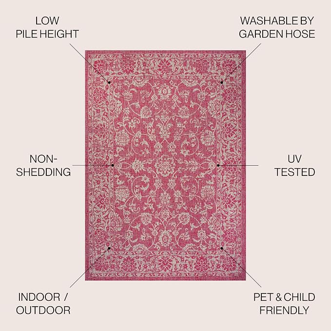 JONATHAN Y Weave Floral Indoor Outdoor Square Area Rug 5X5 Fuchsia/Light Gray, Tela Bohemian Textured for Backyard, Patio, Porch, Easy-Cleaning, High Traffic, Pet-Friendly, Non-Shedding (SMB100G-5SQ)