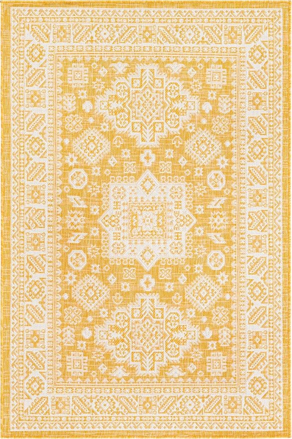 Unique Loom Outdoor Aztec Collection Area Rug - Chalca (4' 1" x 6' 1" Rectangle, Yellow/ Ivory)