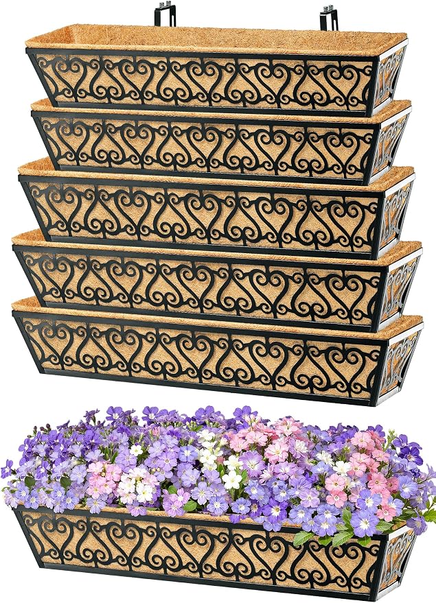 6 Pack 30 Inch Deck Railing Planter Box - Window Boxes Planters with Adjustable Brackets Coco Liners Balcony Planters Railing Hanging for Window Flower Boxes Outdoor Garden Decor