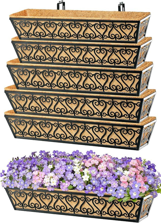 6 Pack 30 Inch Deck Railing Planter Box - Window Boxes Planters with Adjustable Brackets Coco Liners Balcony Planters Railing Hanging for Window Flower Boxes Outdoor Garden Decor