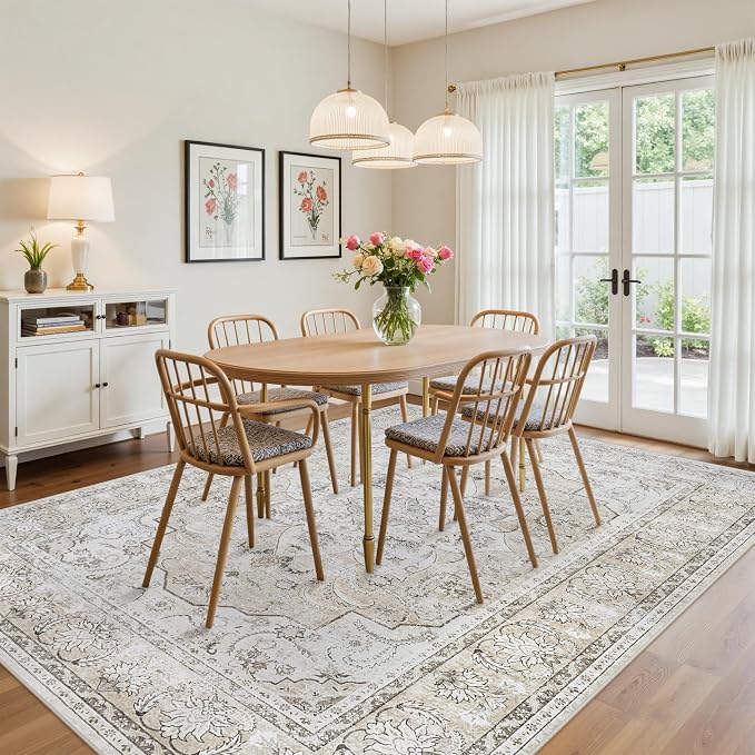 8x10 Washable Area Rugs for Living Room Beige White Non-Slip Rug | Vintage Medallion Rug，Soft Low Pile Large Rugs，Indoor Retro Carpet for Bedroom Nursery Dining Table Farmhouse Home Office