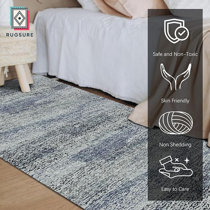 Washable Area Rug - 1/6 Thick - Stain & Water Resistant Non-Slip - Resistant Rug for Living Room, Bedroom, Nursery, Pet & Child Friendly, Vintage Charm Area Rugs (Grey+LightTeal, 2'6'' x 8')