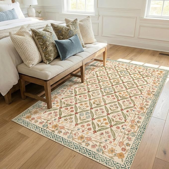 jinchan 4x6 Vintage Floral Washable Non Slip Bedroom Area Rug, Teal Blue | Soft & Lightweight, Checkered Floral, Low Pile, Bedroom, Kitchen, Girls Dorm, Apartment, Small Living Room, Cottage Decor