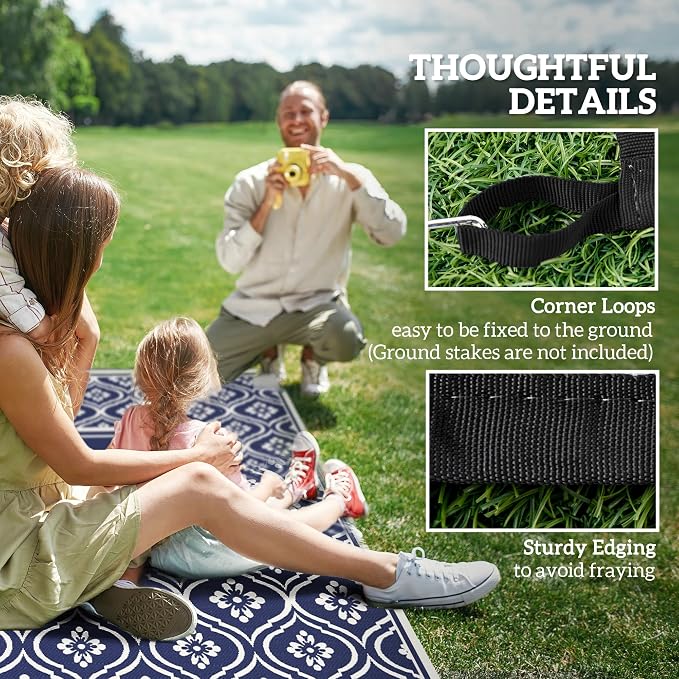 Outsunny Outdoor Rug for Patio, 9' x 18' Waterproof Large Mat, Reversible Plastic Straw Rug for Decor, Portable Outside RV Camping Area Carpet Mat for Backyard Porch Deck Picnic, Blue & White Gourd