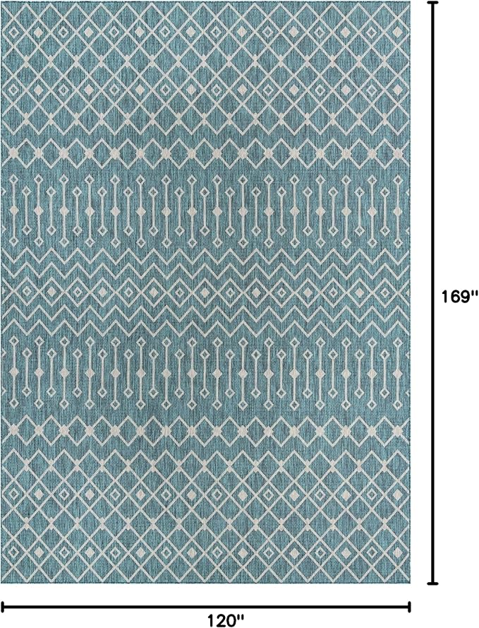 Unique Loom Outdoor Trellis Collection Area Rug - Tribal Trellis (10' x 14' 1" Rectangle, Teal/ Ivory)