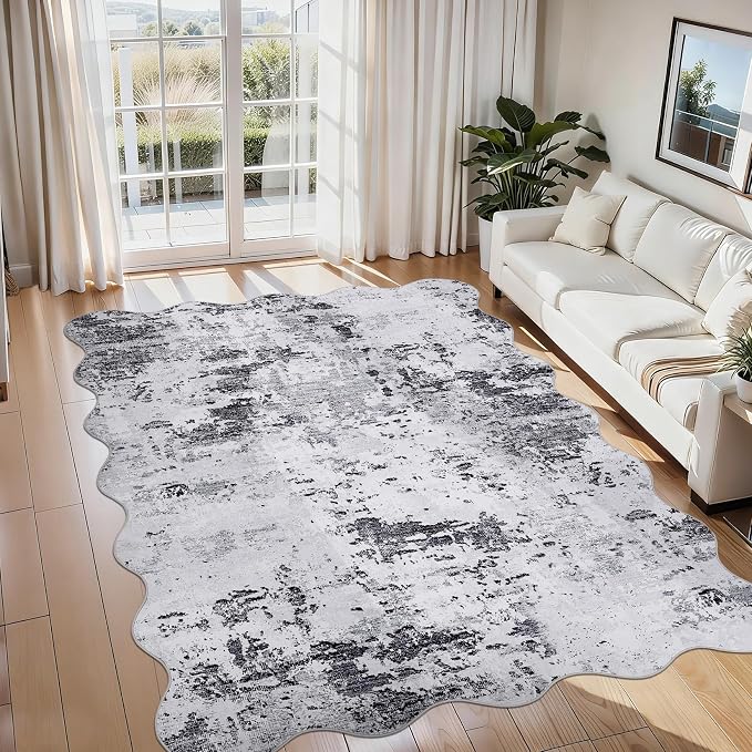 ROYHOME 5x7 Modern Abstract Scalloped Area Rugs Faux Wool Rug, Grey | Ultra-Soft Low Pile Stain Resistant Machine Washable Carpet for Bedroom with Non Slip Backing