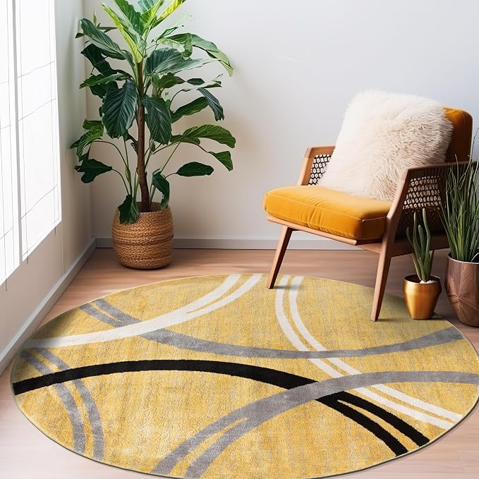 Rugshop Wavy Circles Fade-Resistant Living Room Round Rug Yellow 6'6" | Round, Bedroom, Dining Room, Home Office, Kitchen, Entryway, Hallway, Nursery, Kids Room, Guest Room, High Traffic Area