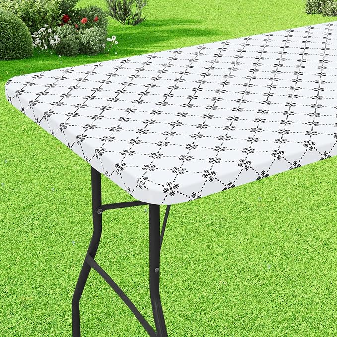 misaya Rectangle Vinyl Table Cloth, Elastic Fitted Tablecloth with Flannel Backing, Waterproof Plastic Table Cover Fits 6 Foot Folding Tables for Picnic, Camping, Indoor and Outdoor (White, 30" x 72")