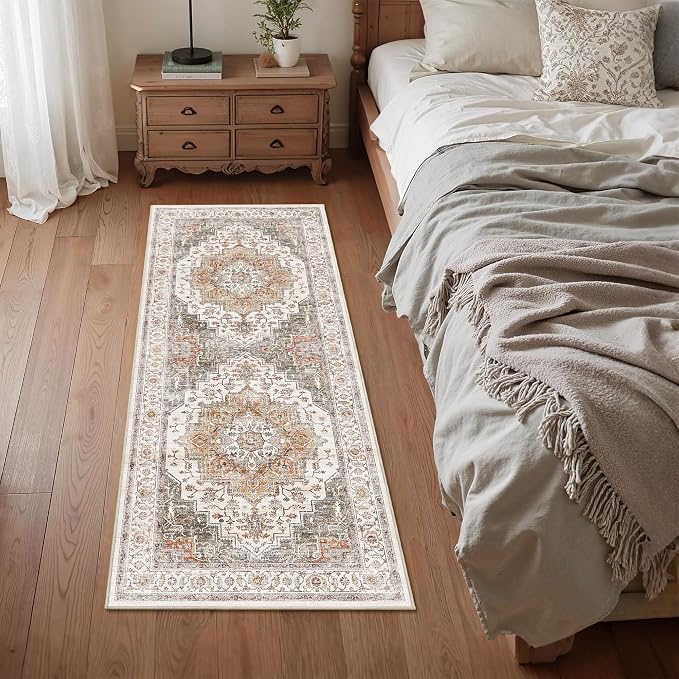 2x5 Vintage Runner Rug Low Pile Non-Slip Washable Kitchen Rug | Retro Distressed Print Rug Orange Gray Carpet Stain Resistant Non-Shedding Long Rug for Hallway Kitchen Bedroom Laundry Room