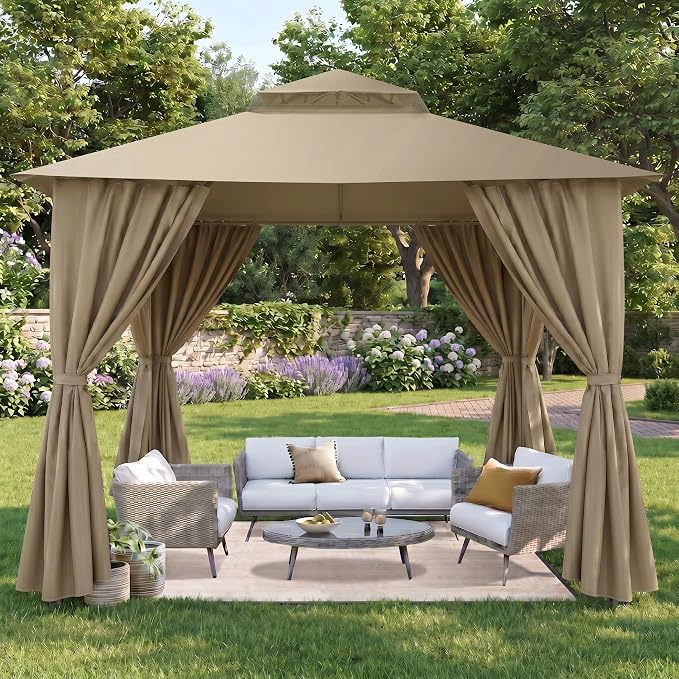 COBIZI 10x10 Gazebo with Double Roof & Mosquito Netting Outdoor Heavy-Duty Party Tent, Patio Tent with Zipper Screens - Backyard Garden Lawn Shelter Includes Wind Ropes Expansion Bolts, Khaki