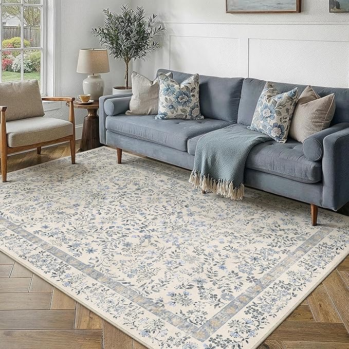5x7 Blue Floral Area Rug Vintage Farmhouse Style | Washable, Non Slip, Soft Low Pile, Carpet for Bedroom, Living Room, Dorm Room, Nursery, Botanical Decor