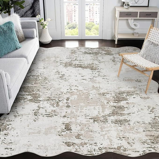ROYHOME 10x13 Modern Scalloped Abstract Faux Wool Accent Rug, Taupe | for Living Room Low Pile Ultra Soft Stain Resistant Non Slip Non Shedding Throw Rug for Bedroom Home Decor