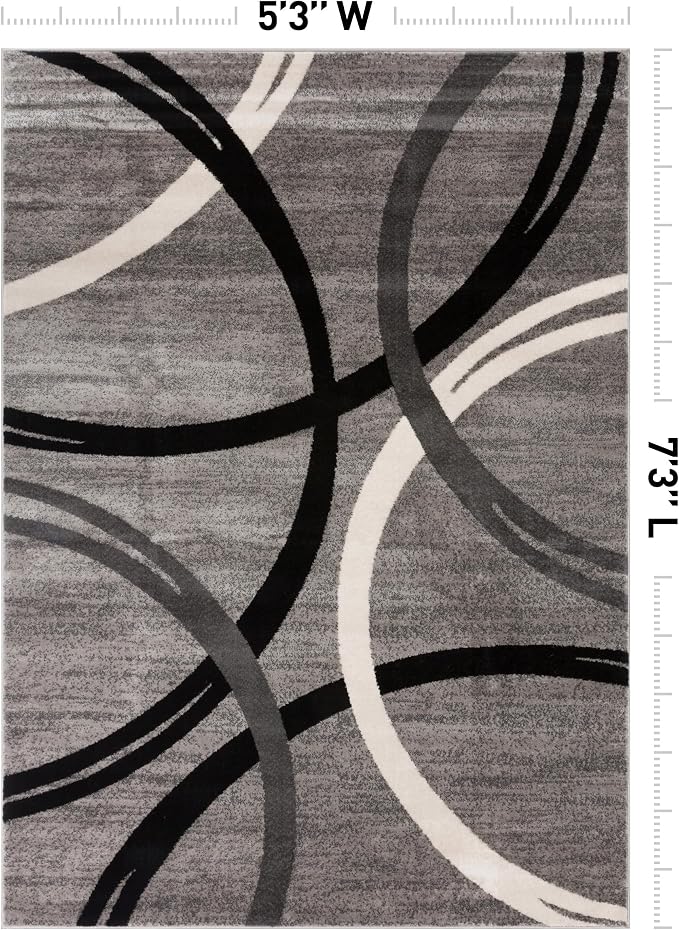 Rugshop Wavy Circles Fade-Resistant Living Room Area Rug Gray 5'3" x 7'3" | Rectangular, Size 5'3" x 7'3", Bedroom, Dining Room, Home Office, Kitchen, Entryway, Hallway, Nursery, Kids Room, Guest Room