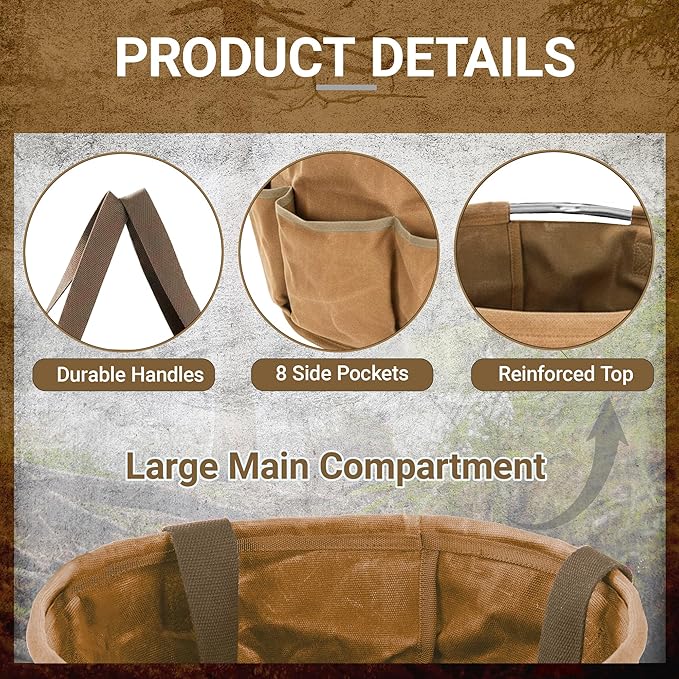 Large Capacity Collapsible 8-Gal (30L) Tool Bag with Handles, Round Gusset Organizer for Car Trunk Storage, 13.5" D x 12.5" H | Khaki