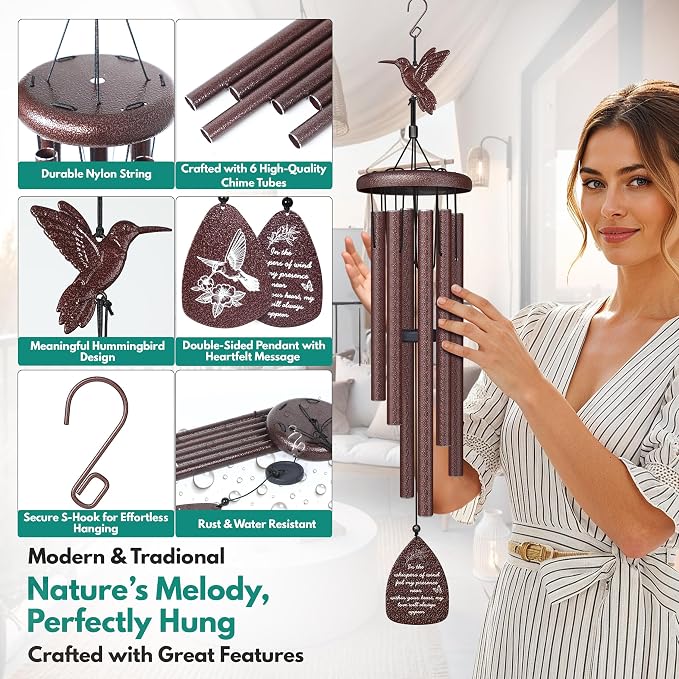 Hummingbird Memorial Wind Chimes for Loss of Loved One - 35" Long Sympathy Wind Chimes for Outside, Bereavement, Remembrance, Funeral Gift for Mother, Dad, Husband, Son & Sister