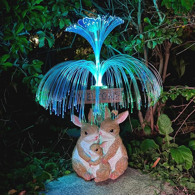 Solar Rabbit Garden Statues,Resin Rabbit Family Figurine with Welcome Card and 7-Color Changing Optical Fiber with Solar Lights, Lawn Decor Outdoor Statue for Patio,Balcony,Yard,Lawn