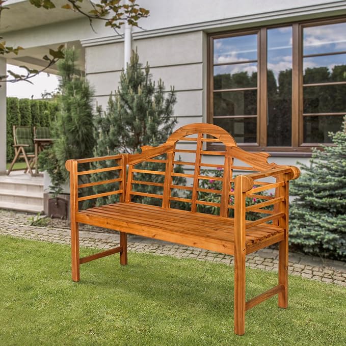 JONATHAN Y Lutyens 51" Acacia Wood Outdoor Bench, 2-Person Garden Bench with Arched Slatted Back and Armrests for Patio, Porch, Backyard, 600 lbs Capacity, Teak Finish BNH103A