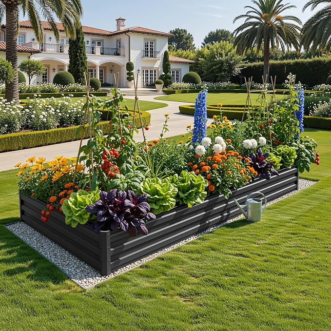YITAHOME 2pcs 8x4x1ft Galvanized Raised Garden Bed, Metal Planter Box with Safety Rubber, Gloves, Outdoor Flower Bed for Planting Plants Vegetables, Black