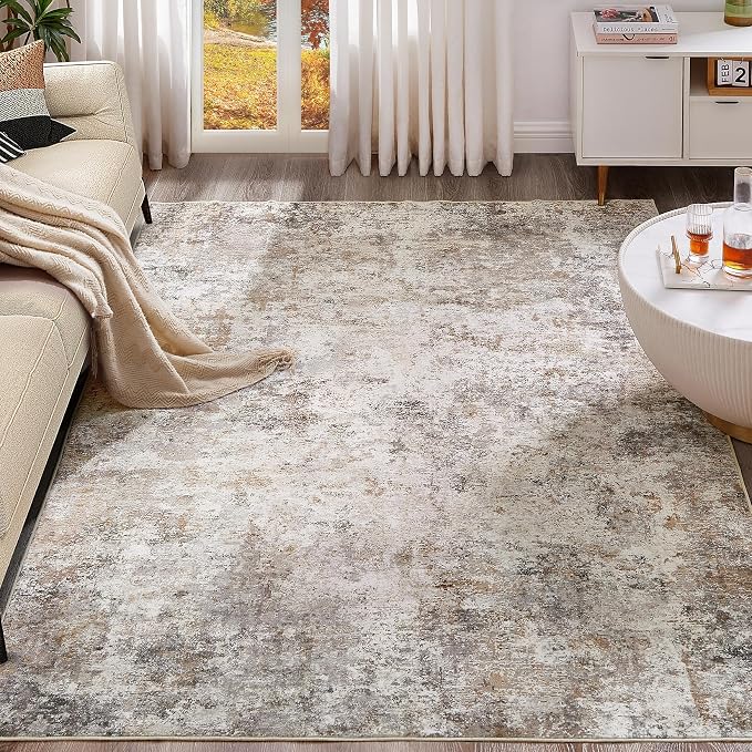 UERMEI 5x8 Area Rug Living Room Rugs Washable Neutral Brown Grey Carpet | Modern Abstract Non-Slip Soft Low Pile Floor Rugs for Bedroom Dining Room Home Office Indoor Decor