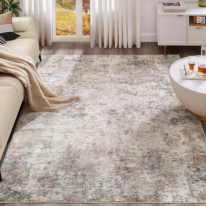 UERMEI 5x7 Area Rug Living Room Rugs Washable Neutral Brown Grey Carpet | Modern Abstract Non-Slip Soft Low Pile Floor Rugs for Bedroom Dining Room Home Office Indoor Decor