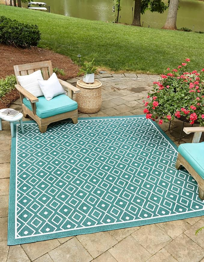 Unique Loom Outdoor Trellis Collection Area Rug - Kafes (7' 10" Square, Teal/ Ivory)