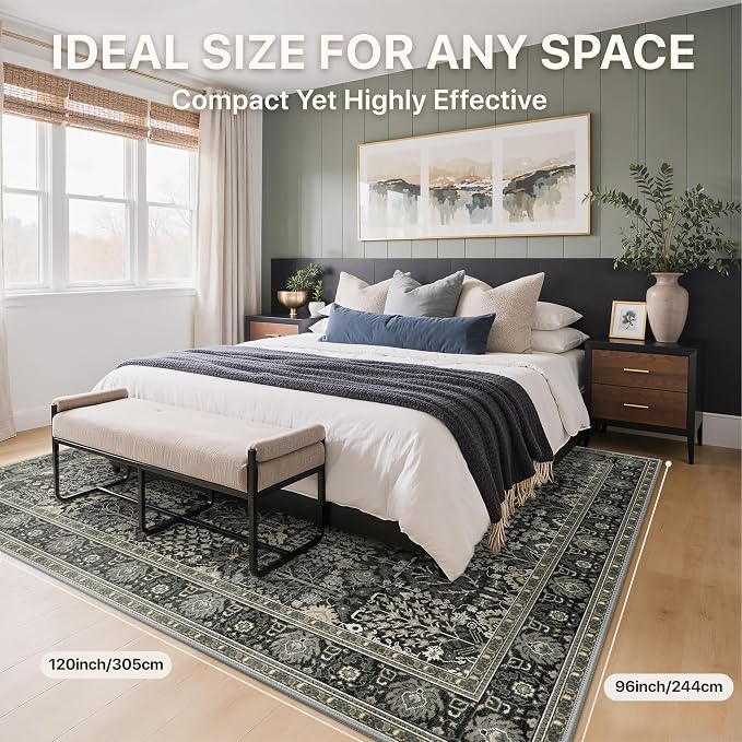 8x10 Washable Area Rug Non Slip for Living Room, Black | Large Vintage Floral Rug, Low Pile Lightweight Carpet, Non Shedding for Bedroom, Dining Room and Home Office