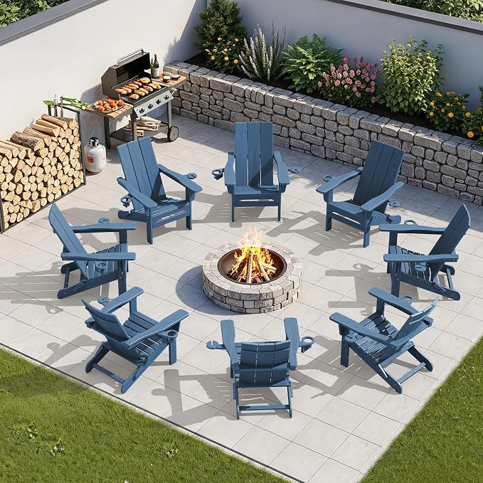 SERWALL Modern Folding Adirondack Chair Set of 2, Weather Resistant HDPE Outdoor Adirondack Chair with Dual Cup Holders, Fire Pit Chair for Patio Lawn Garden, Blue