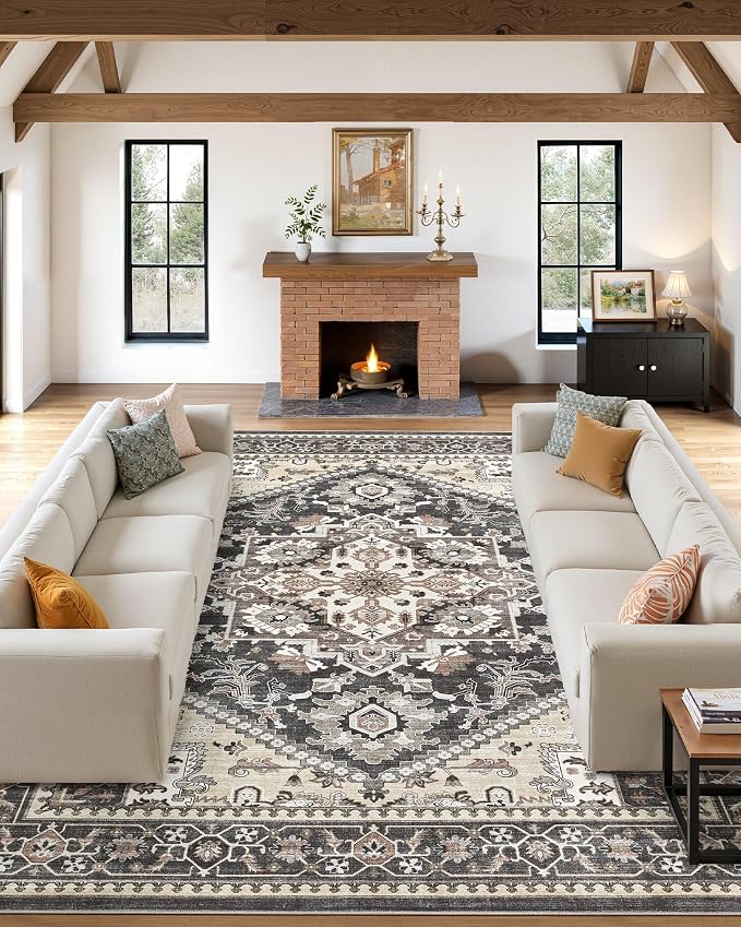Washable Area Rug-9X12 Vintage Neutral Soft Black | Non Slip Thin Foldable Large Floor Carpet for Living Room Bedroom Kitchen Dining Room Home Office Farmhouse Indoor