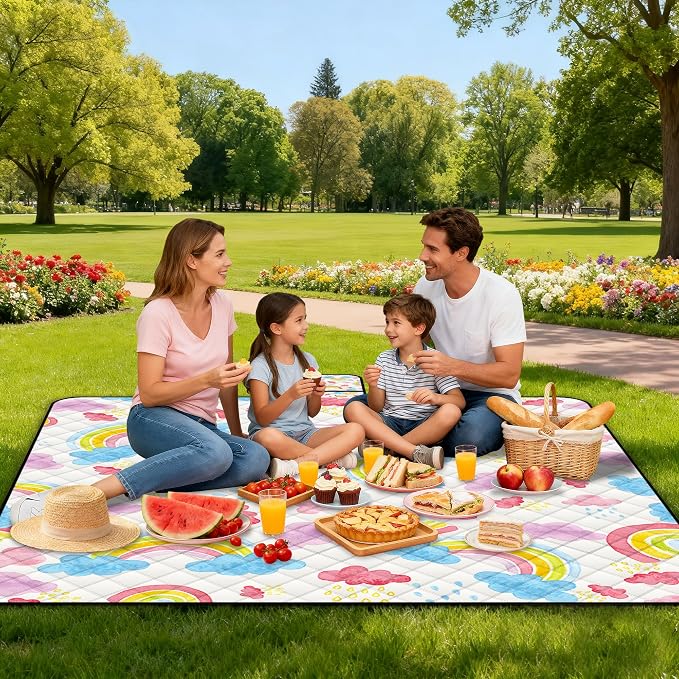 Extra Large Picnic Blanket Waterproof,80"x 80"Foldable Machine Washable Beach Blanket,Outdoor Blanket for 6-8 Adults,Picnic Mat Suitable for Indoor Crawling,Park Beach,Camping,Hiking,Travel (Rainbow)