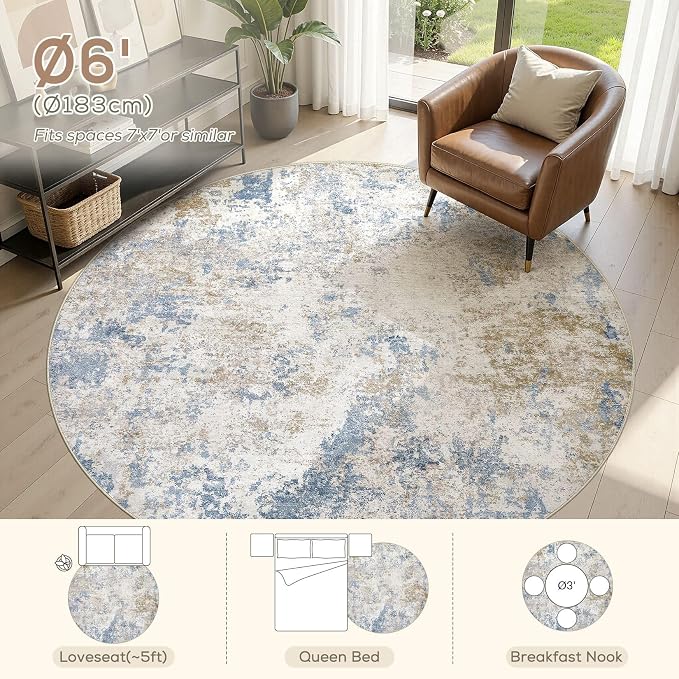 Nakagishi 6X6 Abstract Washable Area Rugs for Living Room-Blue Brown | Modern Non-Slip Silicone Backing Low Pile Soft Carpet for Bedroom Dining Decor Ideal for Families with Kids and Pets