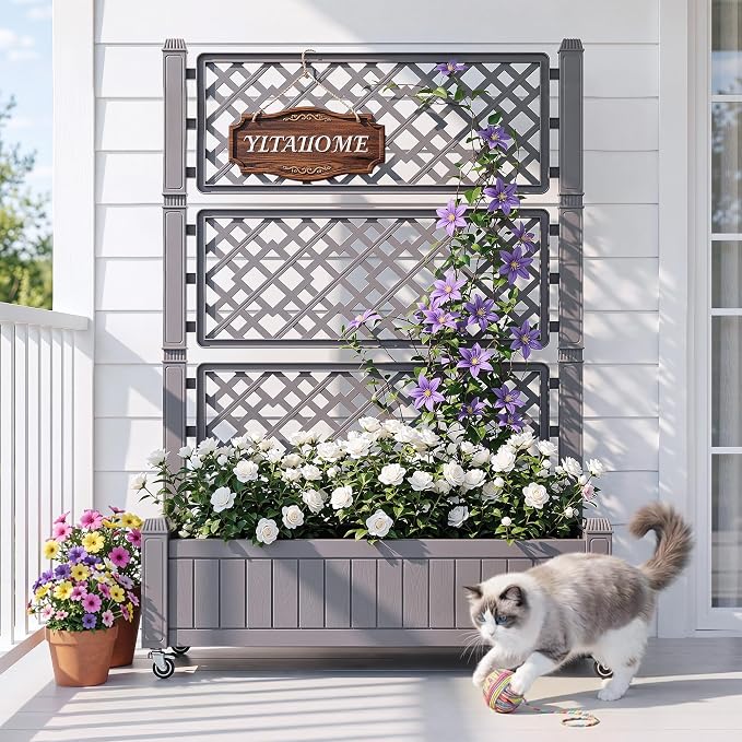 YITAHOME 43.3x17.7x61 in Planter Boxes Outdoor with Trellis, Resin Raised Garden Bed with Wheels & Drain Plug for Climbing Plants, Weather-Resistant Design Elevated Garden Bed with Trellis, Brown