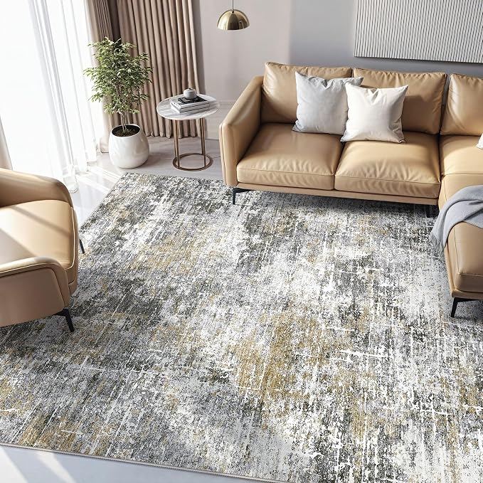kakania Abstract 10x14 Area Rugs for Living Room: Washable Rugs Black Gold | Soft, Non-Slip, Low-Pile, Pet & Kid Friendly - Large Modern Home Decor Carpet for Bedroom/Dining Room/Office/Nursery