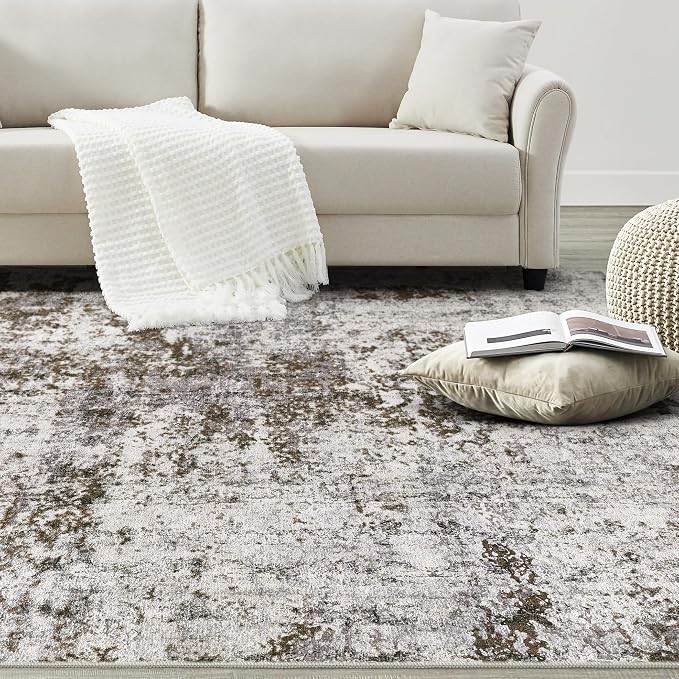 DMOYEST 10x14 Area Rug for Living Room Washable Abstract Indoor Carpet | Neutral Modern Low Pile Rugs Kid & Pet Friendly Large Soft Thin Carpet for Bedroom Dining Room - Dark Brown