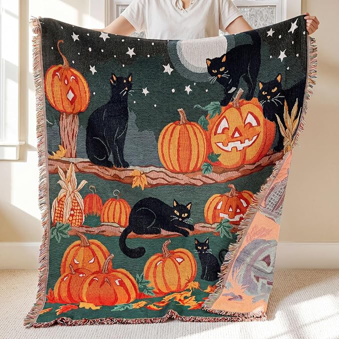 Moukeren 60 x 50 Inch Halloween Woven Tapestry Blanket with Pumpkin and Cat with Colorful Tassels for Couch Sofa Chair, and Wall Hanging Home Decor